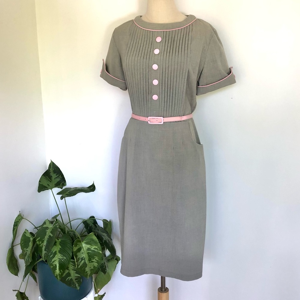 BETTY PAGE Wiggle Dress, Vintage Retro, Grey with Pink trim, Belt, Size XL (14) - Picture 1 of 8